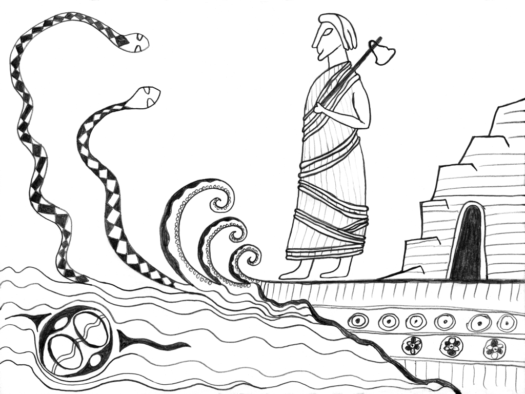 A priest in a long robe stands on the edge of the coast. Behind him is a door into a cave. In front of him are three waves breaking on the beach. Behind the waves, two serpents rise up from the sea. One of them is black with white diamond shapes along its back. The other is white with black diamond shapes. The snakes are facing the priest, who holds a triangular stone tied to a pole over his shoulder. He is smiling as if the serpents are old friends.