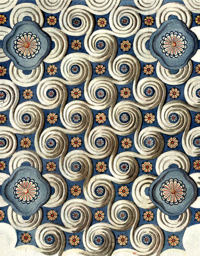 Spiral ceiling from Knossos. A fresco of red, white and blue rosettes with an alternating background of blue solids and white bas-relief swirls.