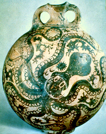 The Palaikastro octopus vase. A rounded ceramic vessel with two round handles on the neck and a painting of an octopus in dark brown on a tan ground.